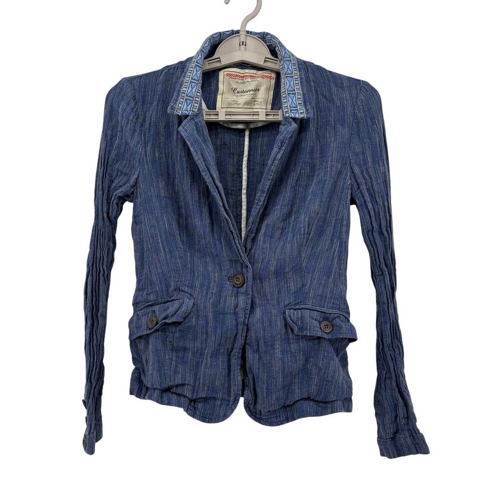 Cartonnier‎ Blazer Size 0 Blue Anthropologie Embroidered Trim Striped Jacket